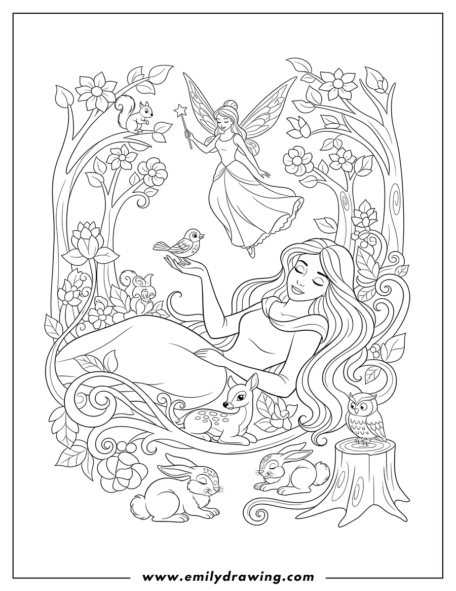 Printable coloring page of sleeping Beauty with forest critters, a bird on her hand, rabbits at her feet, and a fairy flying
