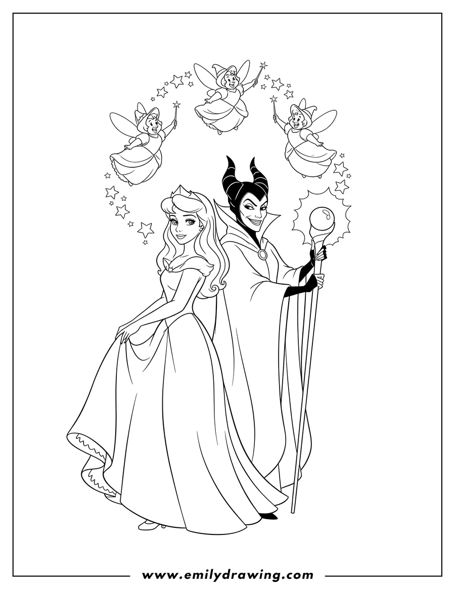 Outline drawing of sleeping Beauty and Maleficent standing back to back, Maleficent holding her staff, and three flying fairy godmothers