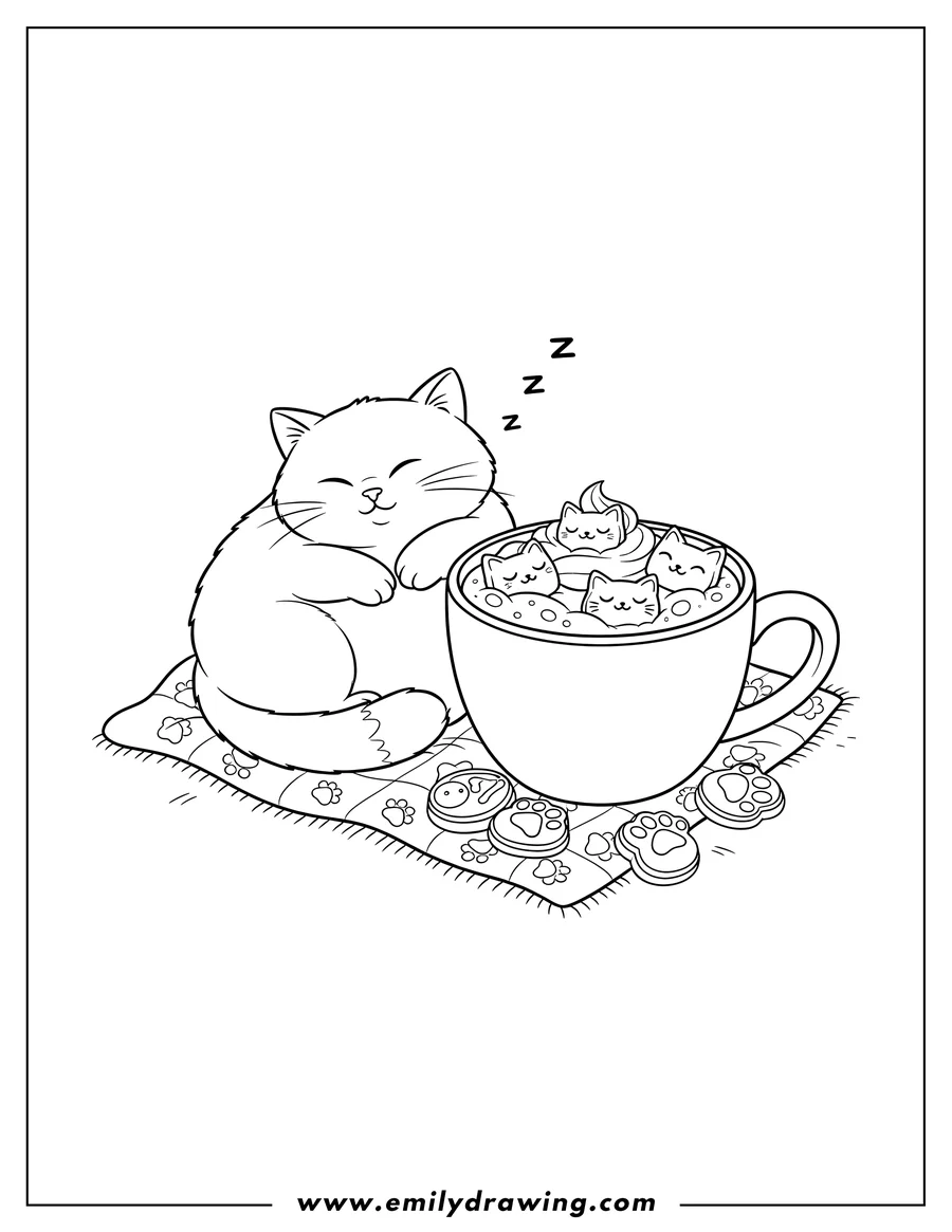 Free to print drawing of cartoon Cat Sleeping Next To Cup Hot Chocolate with cat marshmallows and cat-shaped cookies