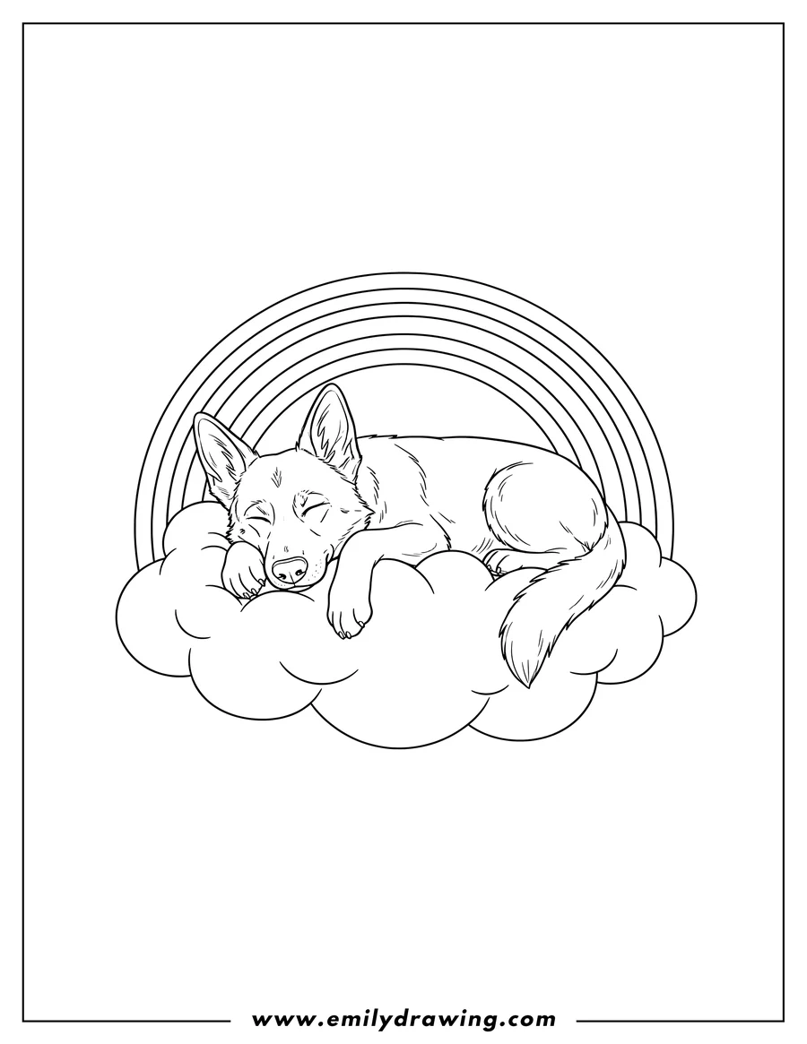 Printable coloring page of sleeping German Shepherd On Cloud With Rainbow, with closed eyes and paws draped over the cloud