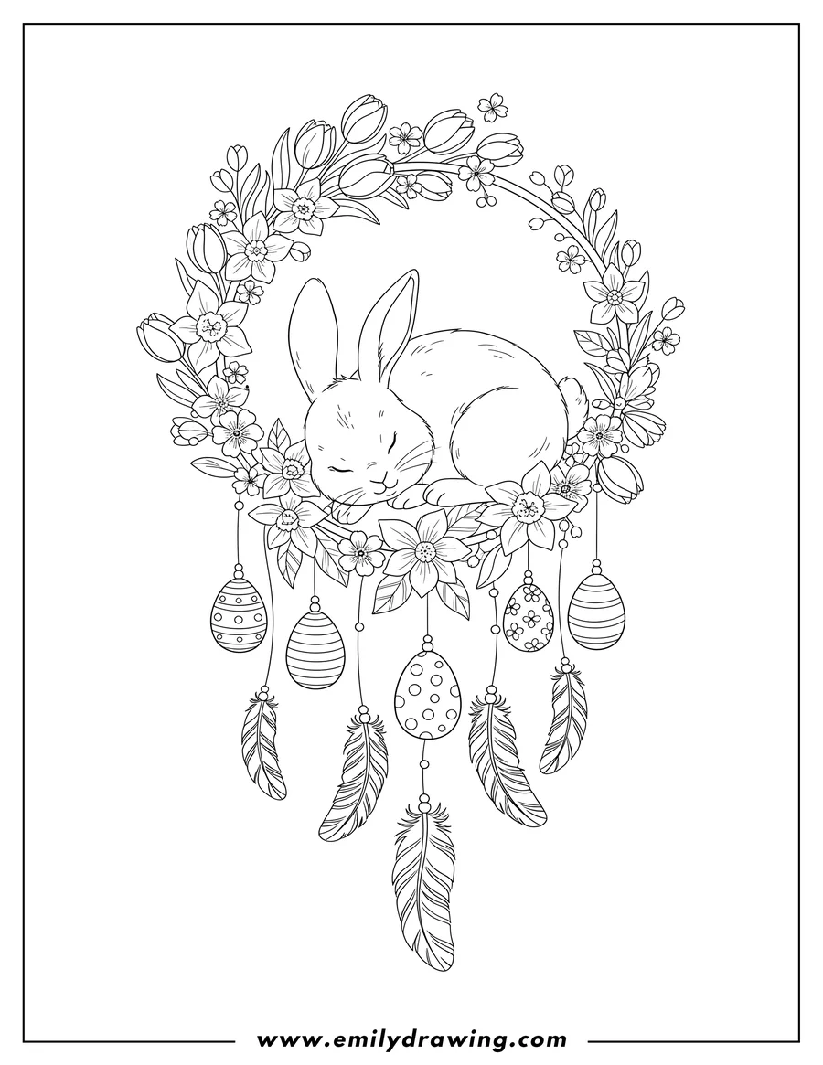 Outline drawing of sleeping Easter Bunny Dreamcatcher with Flowers, Hanging Feathers and Eggs
