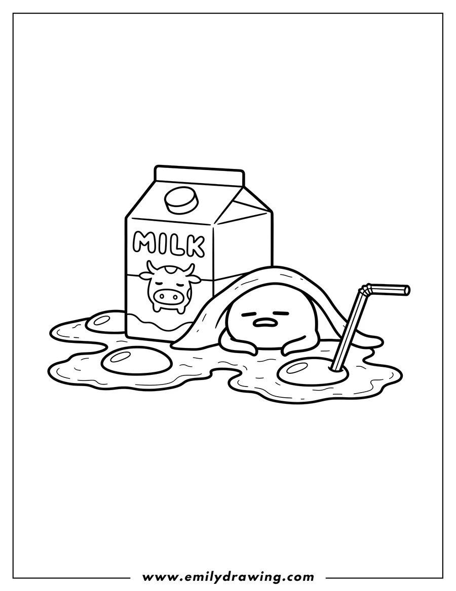 High quality printable sleeping Gudetama under a milk box, with melting fried eggs and a straw for coloring