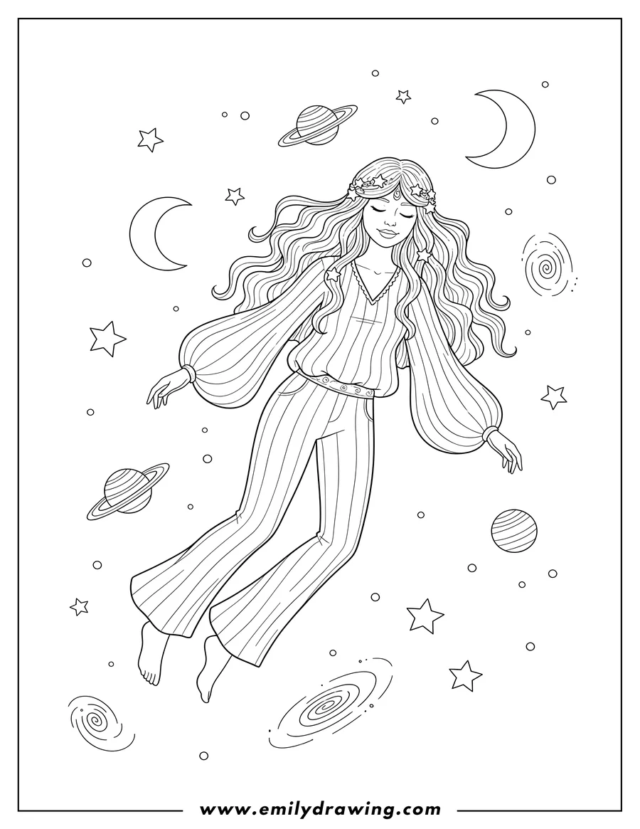 Coloring page of sleeping Hippie Women with long, wavy hair and striped clothes floating in outer space