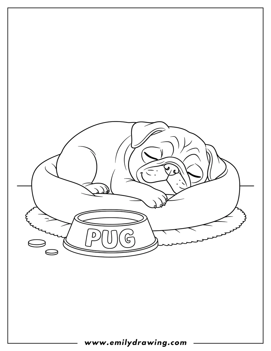 High quality printable adorable Pug sleeping, lying down, with a food bowl that says 'PUG' in front, scaled for coloring