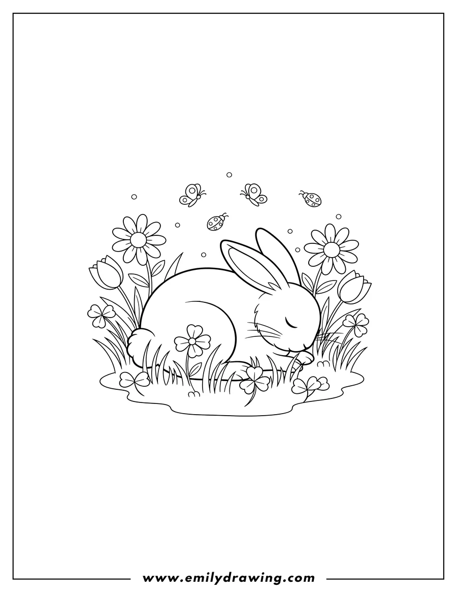 Free to print drawing of adorable Rabbit Curled Up Sleeping in Grass Patch with Flowers