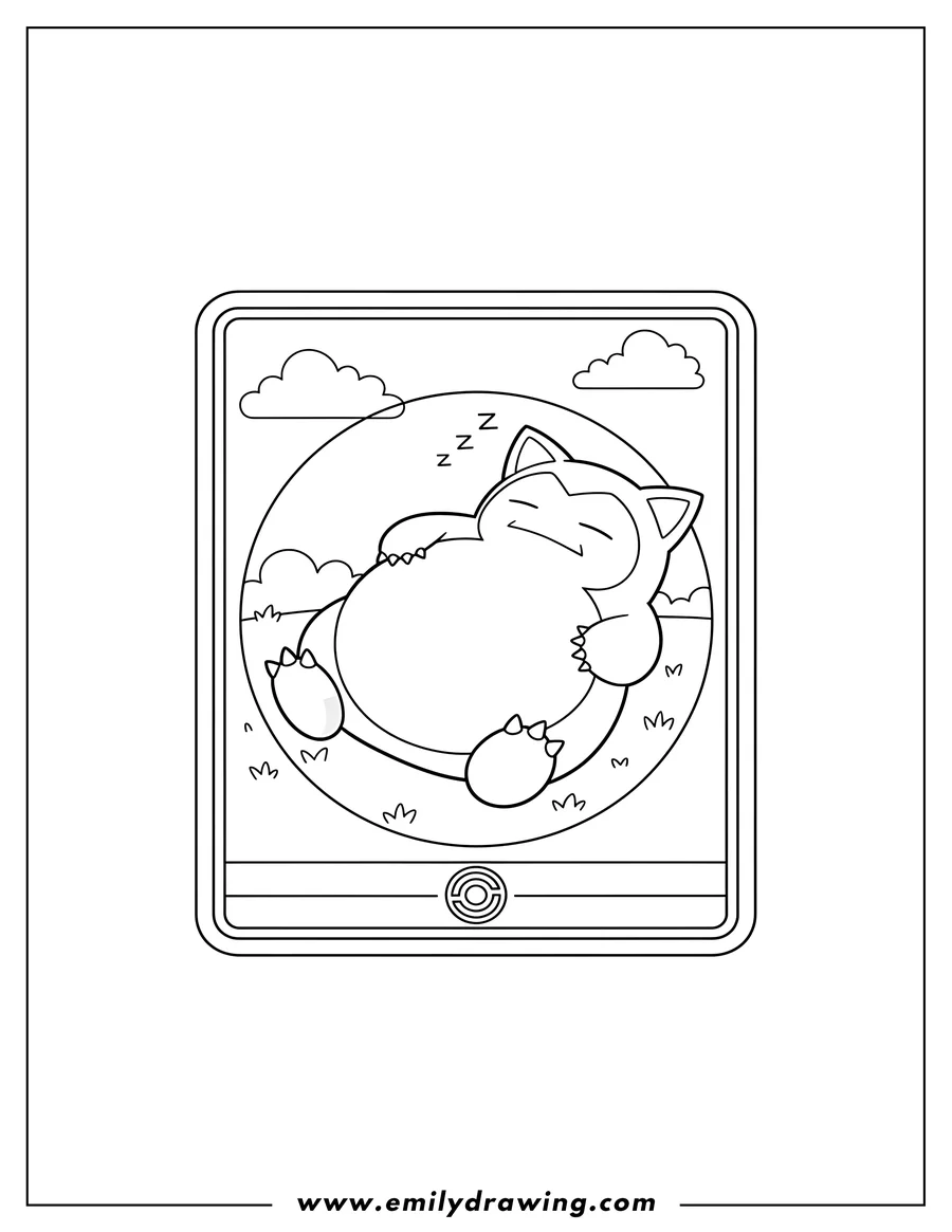 Printable line art of A Snorlax Pokemon card, with Snorlax sleeping