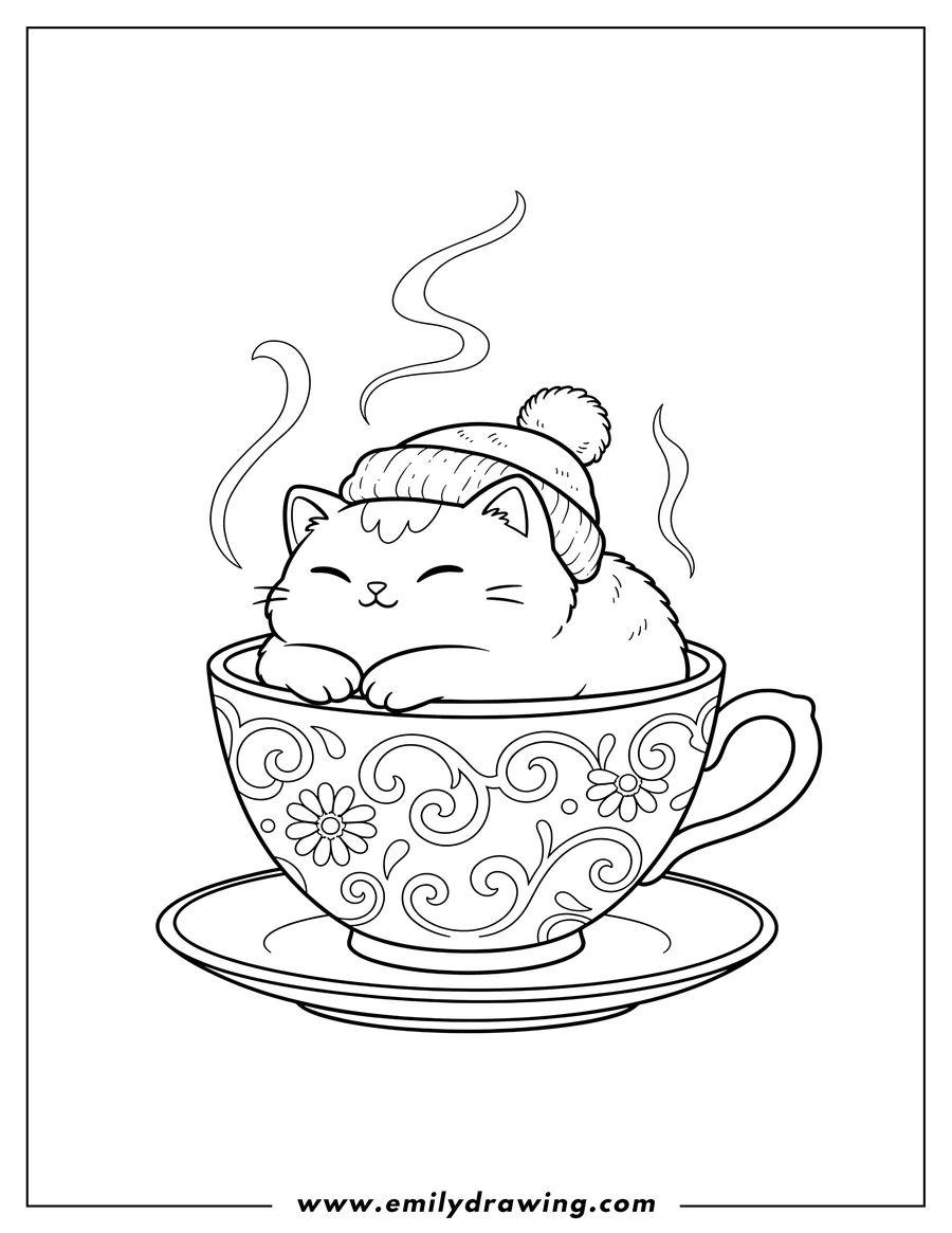 Printable coloring page of sleepy chibi cat wearing a winter hat resting inside a teacup with a cute face