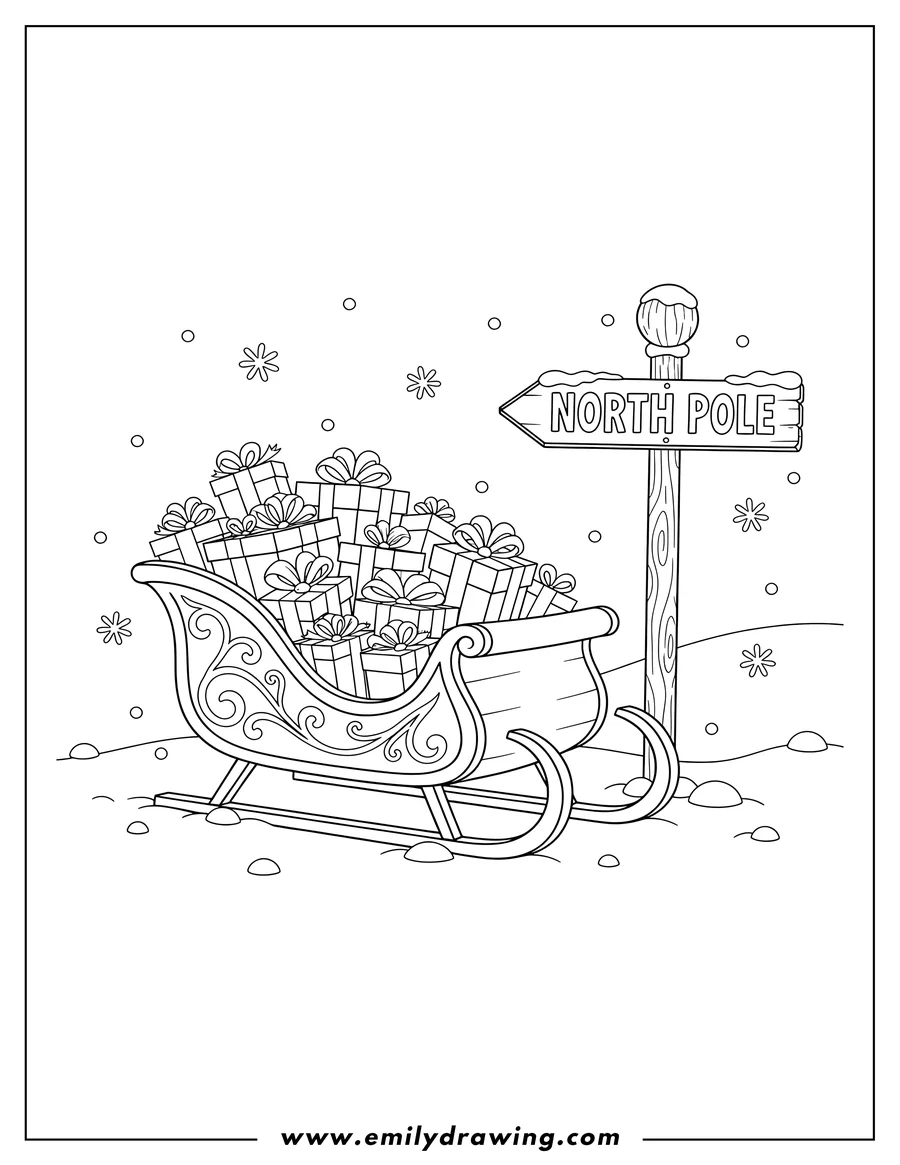 Coloring page for kids: A sleigh full of presents, parked next to a snowy North Pole sign