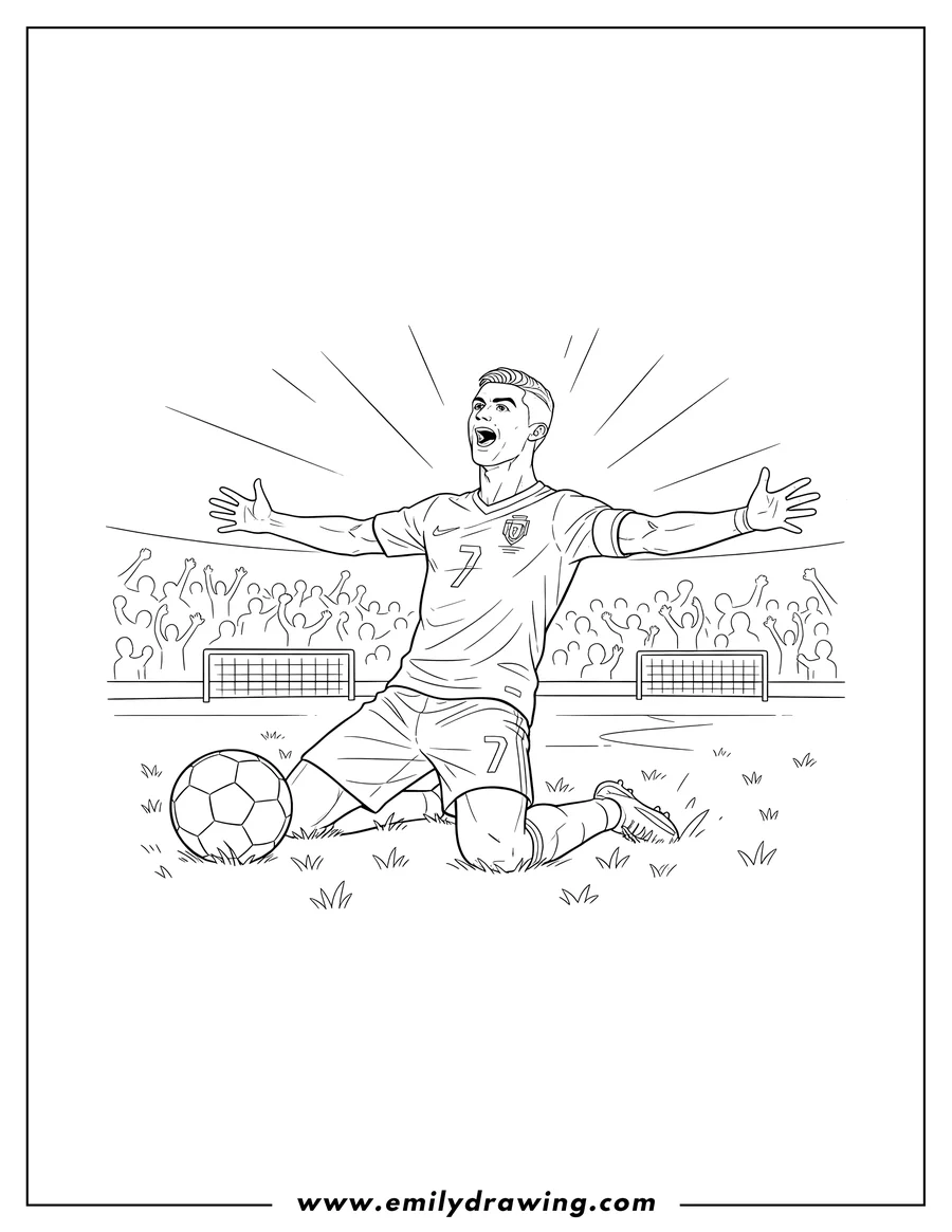 PDF style coloring page: ronaldo Sliding On Field Scaled, kneeling and shouting in celebration
