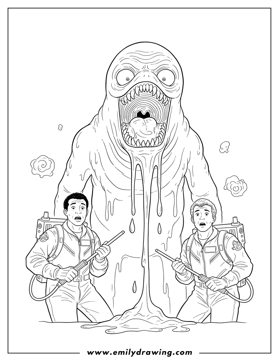 Free printable coloring sheet of slimer with a wide-open mouth drips slime onto Zeddemore and Stantz, who are holding proton packs and looking surprised