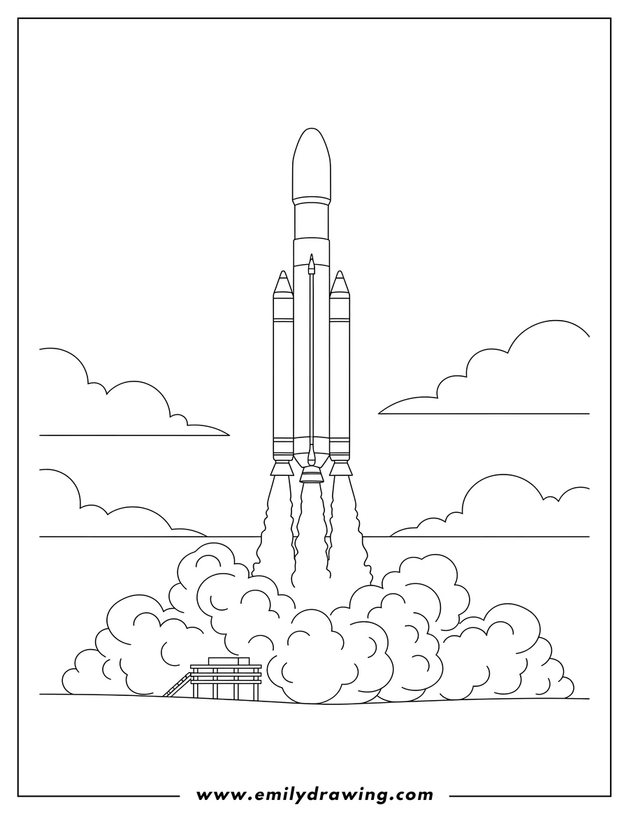 Coloring page of sls Block 1 Nasa Rocket Scaled launching with smoke