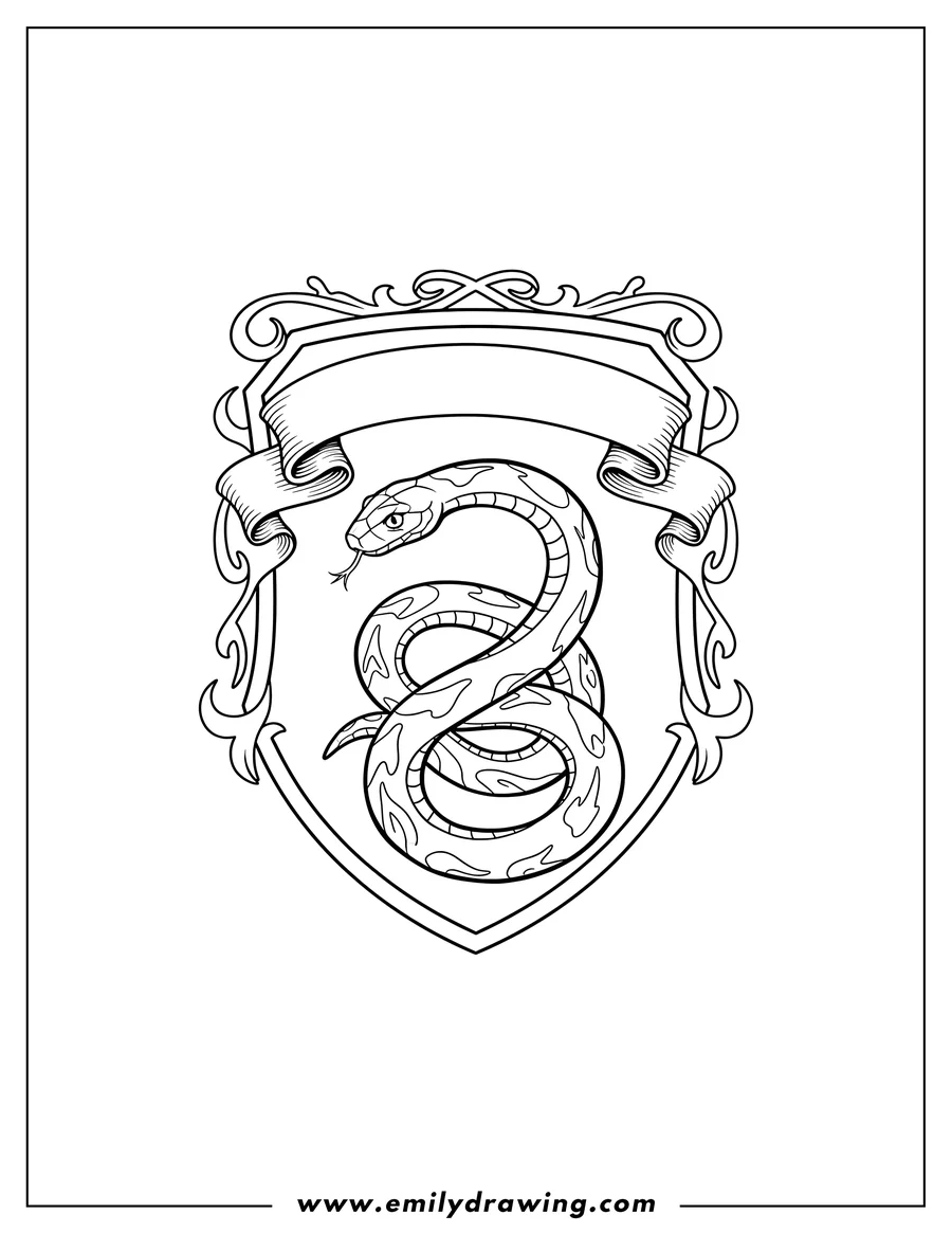 Black and white line art of slytherin crest with a coiled snake and a banner