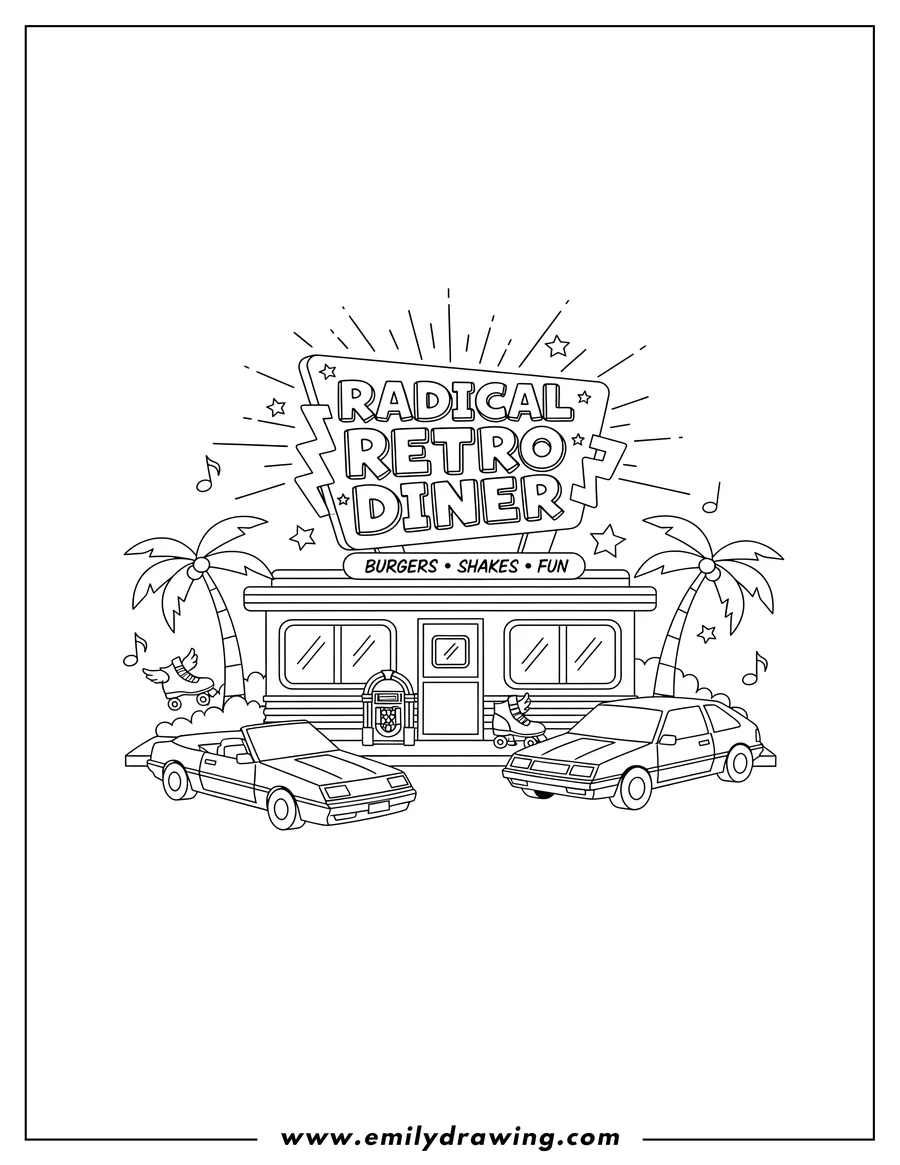 Free printable coloring sheet of small 80S Diner with a prominent retro sign