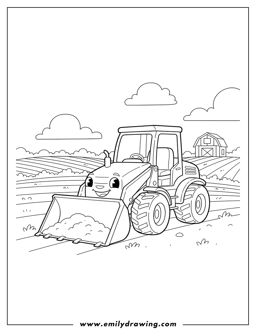 Clean line drawing: small bulldozer with a front bucket on a farm field