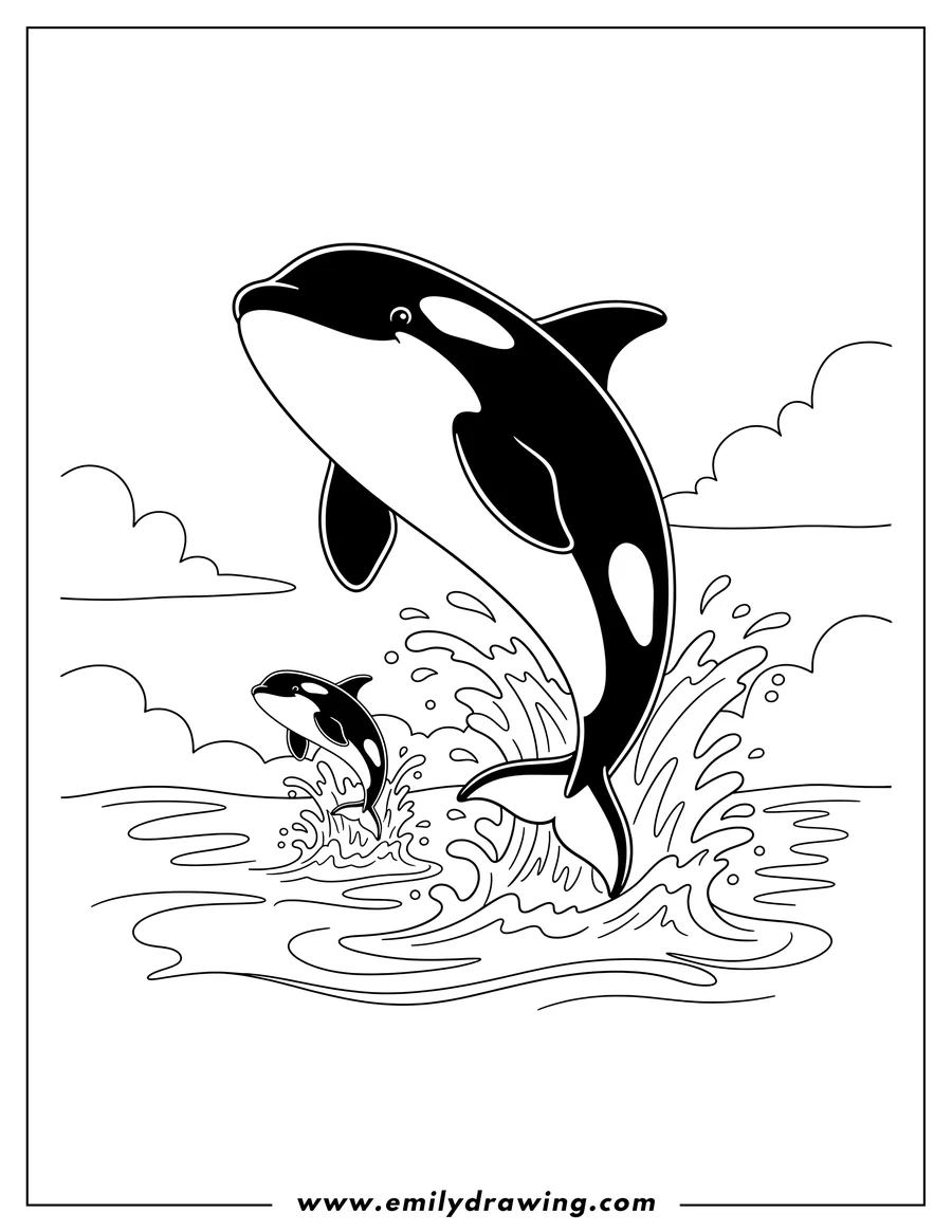 Free to print drawing of small Killer Whale Air, a killer whale jumping out of the water with a splash, and another smaller killer whale
