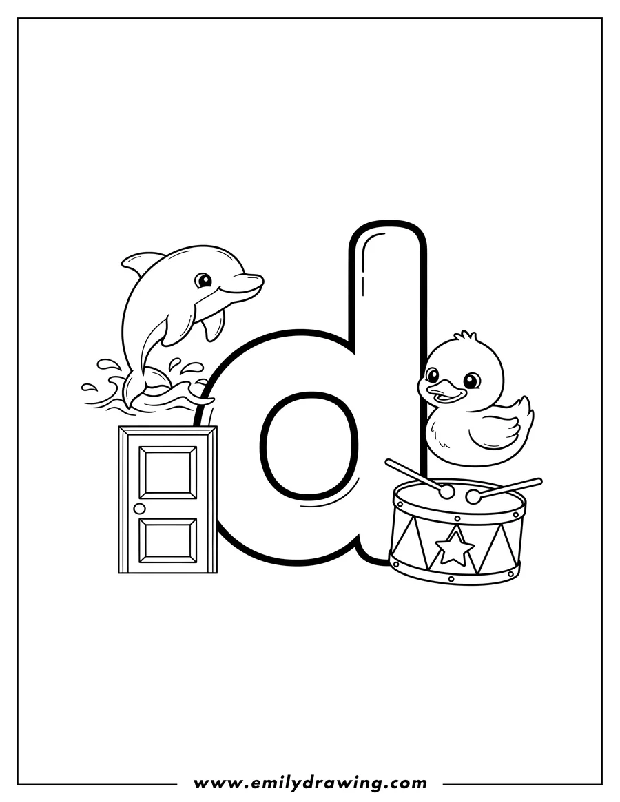 Coloring page of small Letter D With a dolphin, door, drum, and duck