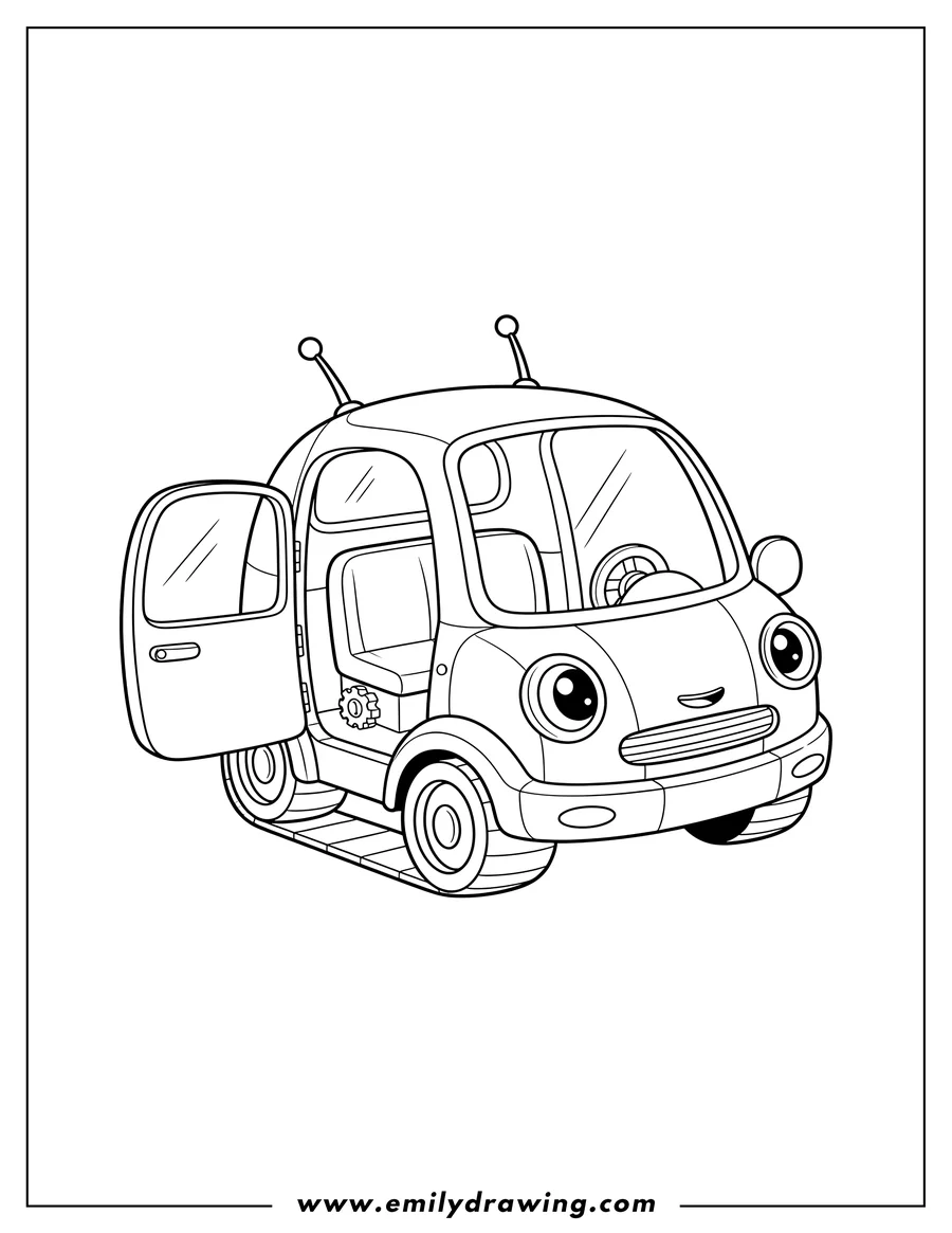 Printable line art of small robot car with an open door