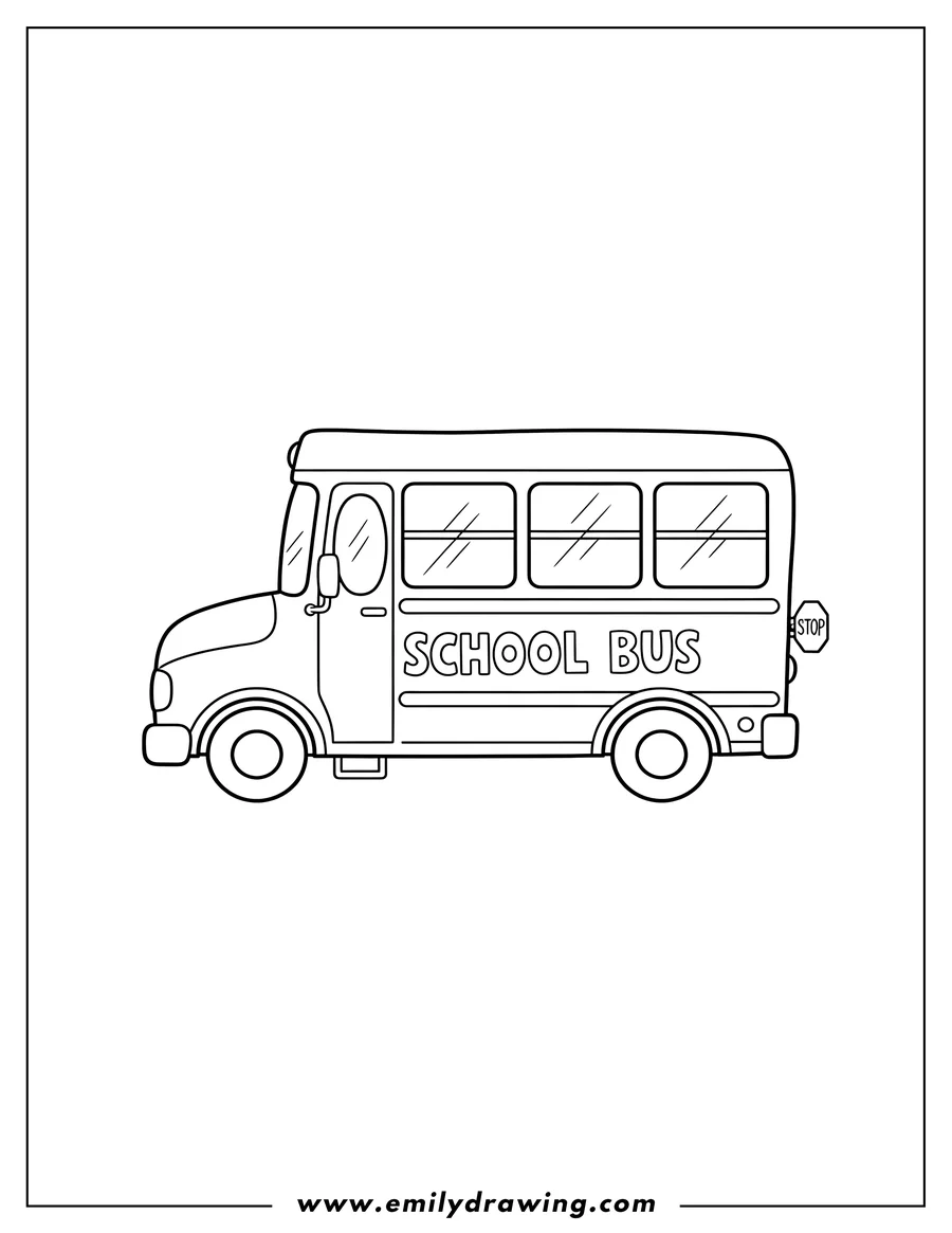 Doodle style coloring picture of small School Bus Outline Preschoolers, side view, with 'SCHOOL BUS' text on its body