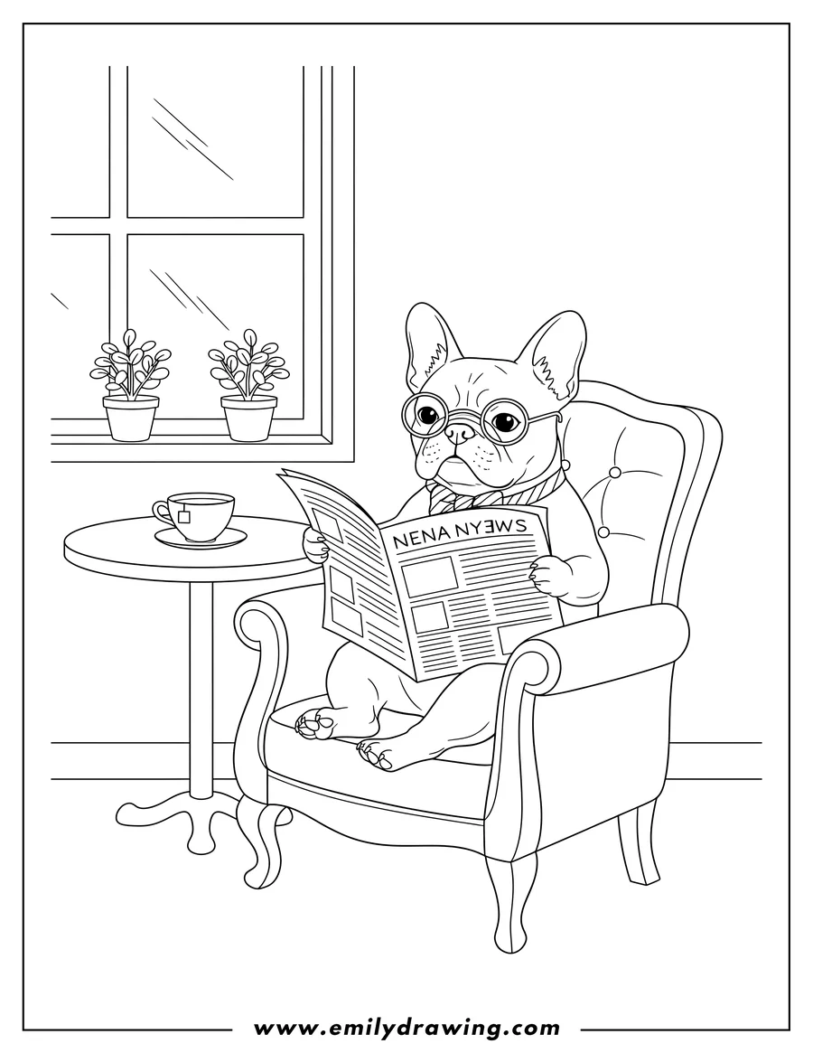 Coloring page of smart French Bulldog reading a newspaper, sitting in a chair and holding it with its paws, at a cafe