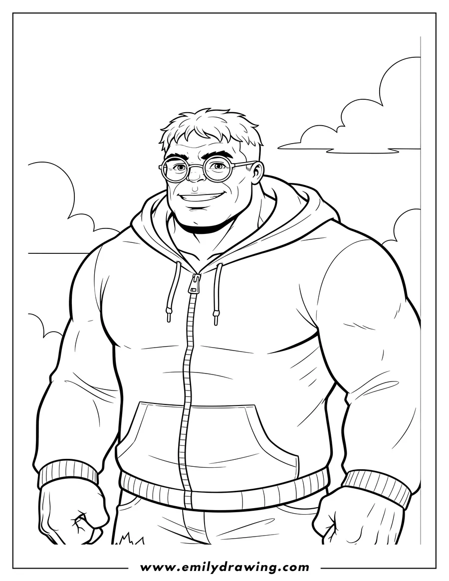 Clean line drawing: brace Banner Hulk wearing glasses, a zipped hoodie, and smiling
