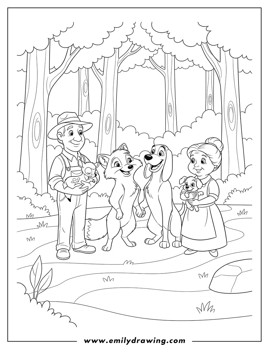 Vector style outline of smiling adult Fox and Hound with Amos and Widow Tweed in a forest, Amos holding a baby animal and Widow Tweed holding a puppy
