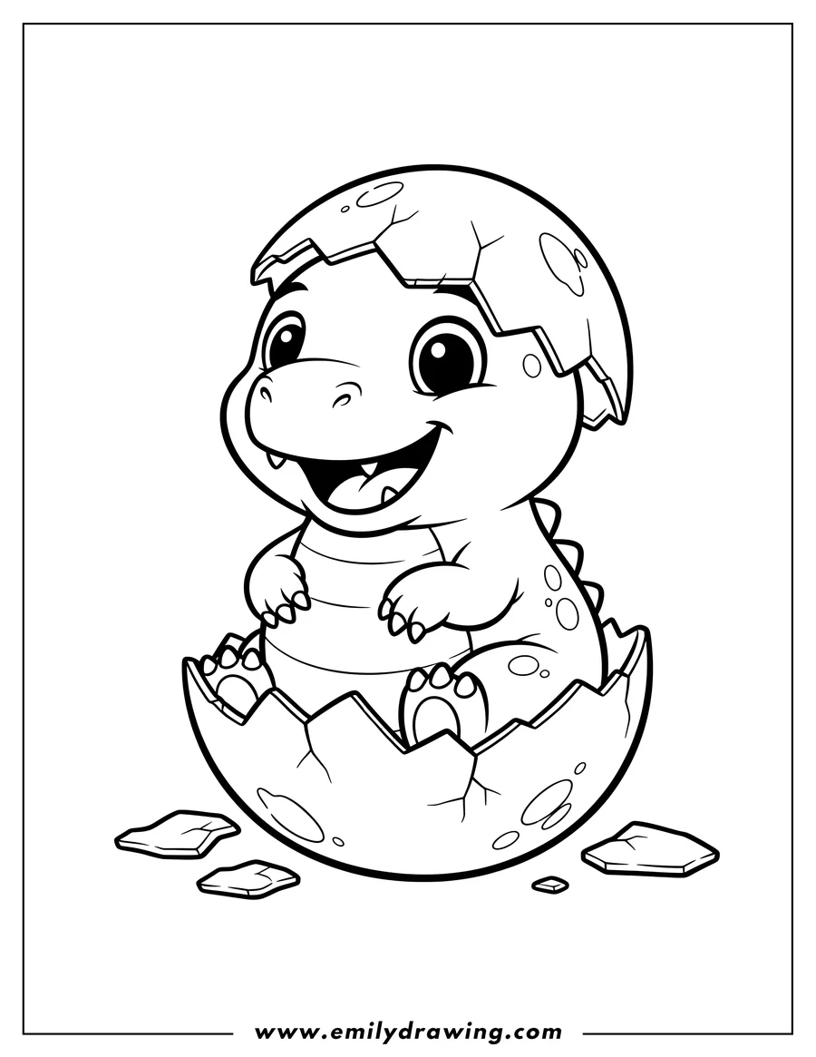 Linear illustration of smiling baby dinosaur hatching from egg, with eggshell on its head