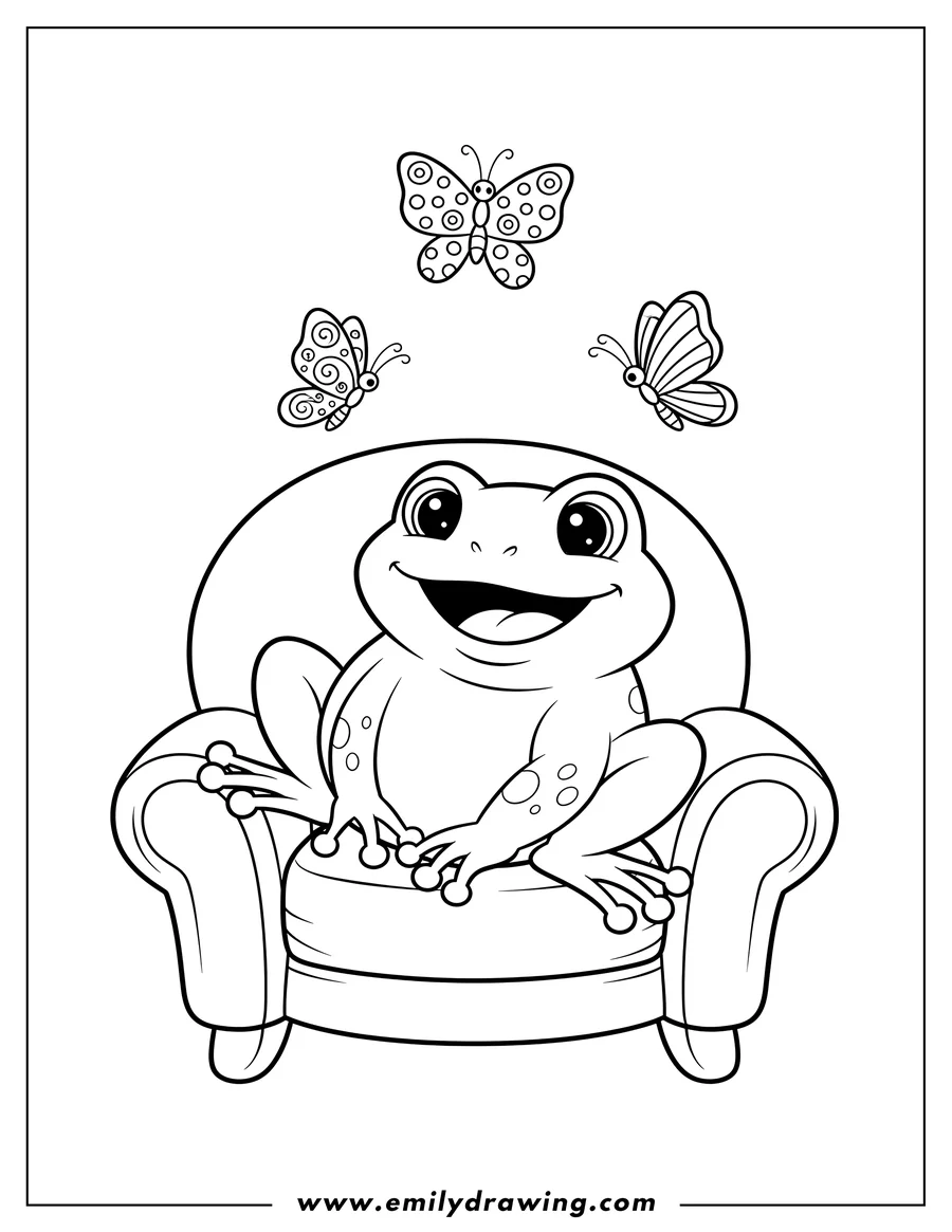 Black and white line art of smiling baby frog sitting in an armchair with butterflies flying above, for preschoolers