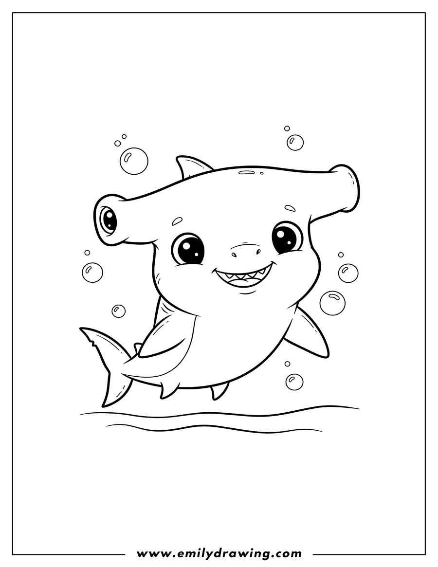 Black and white line art of A smiling baby hammerhead shark with big round eyes