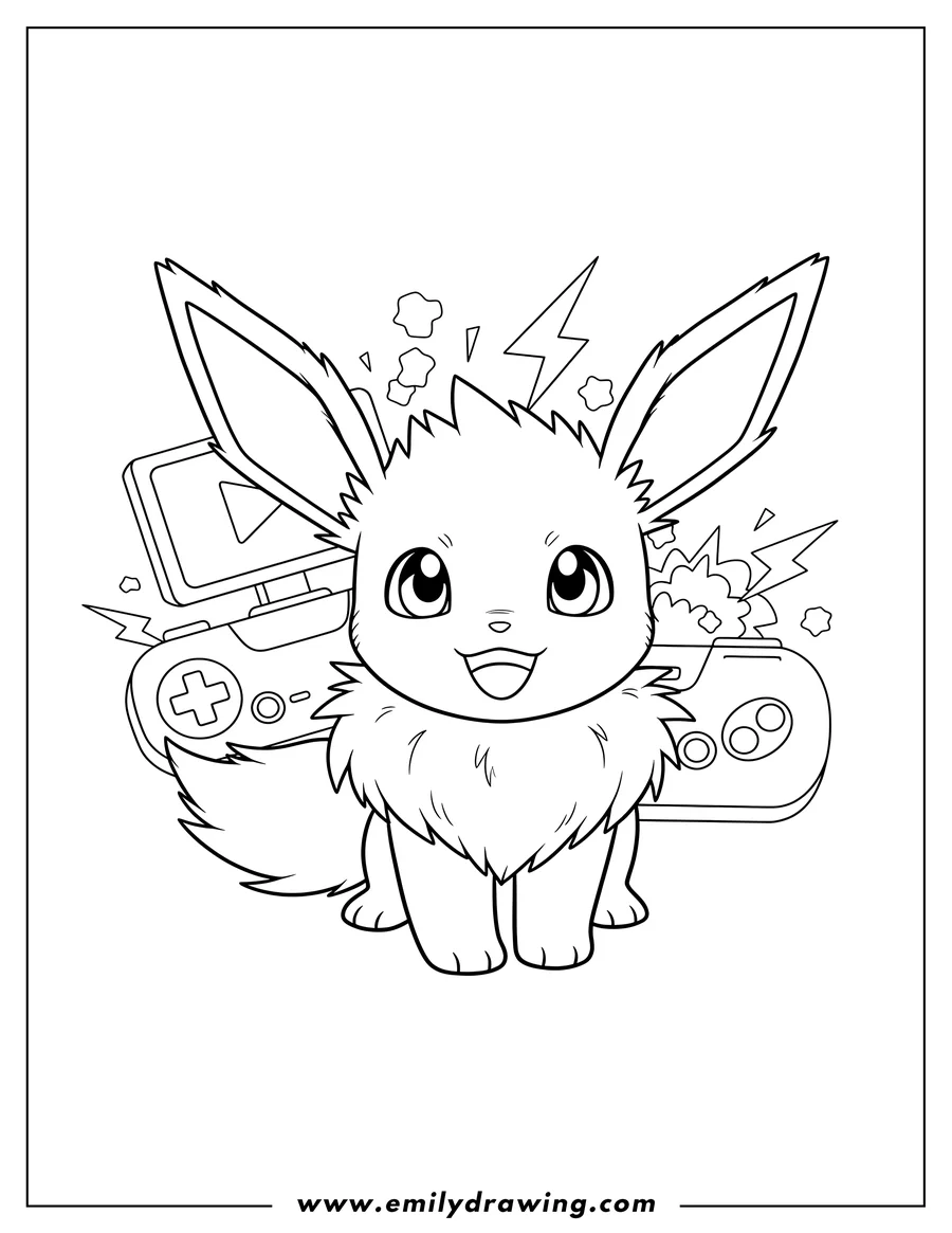 Black and white line art of smiling Baby Jolteon looking forward with Gaming Console Background