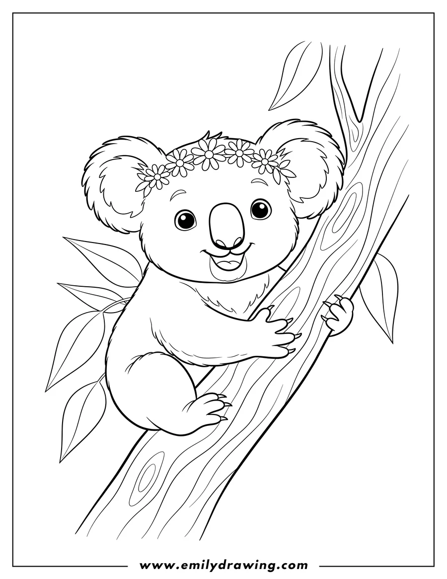 Printable line art of smiling baby koala with flower crown clinging to a tree branch