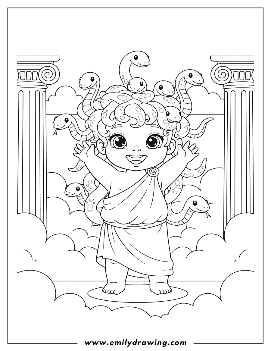 Linear illustration of smiling Baby Medusa with arms raised, surrounded by friendly snakes, clouds, and two columns
