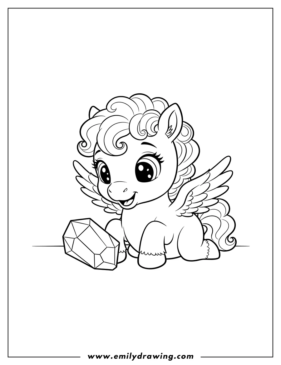 High quality printable smiling Baby Pegasus with curly mane and large sparkling eyes, crouching and looking at a crystal for coloring