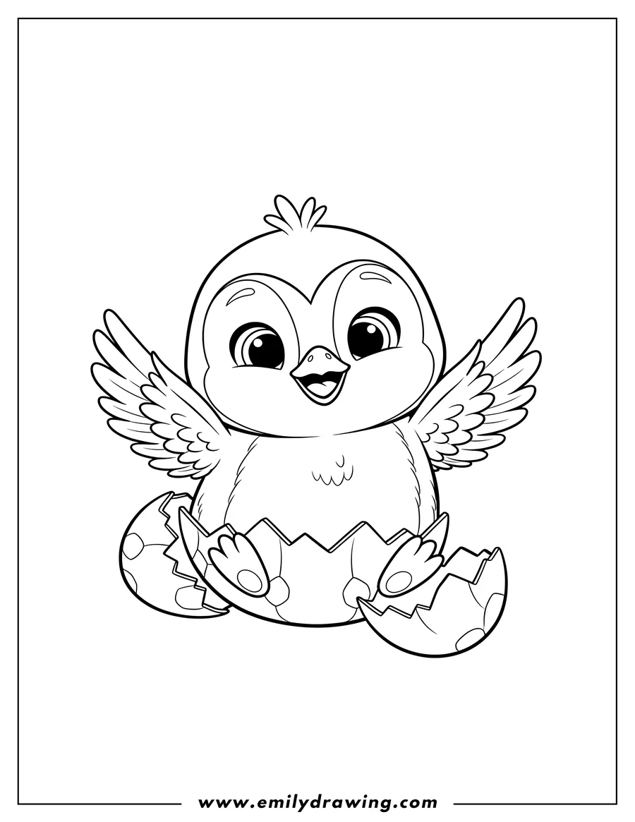 Doodle style coloring picture of smiling baby Penguala Hatchtopia chick with wings spread