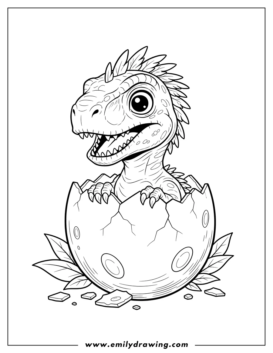 High quality printable smiling baby raptor with spikes, peeking out of a cracked dinosaur egg for coloring