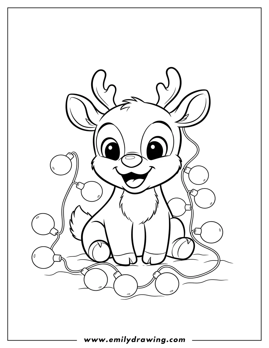 Coloring page for kids: smiling Baby Rudolph Sitting With Christmas Lights