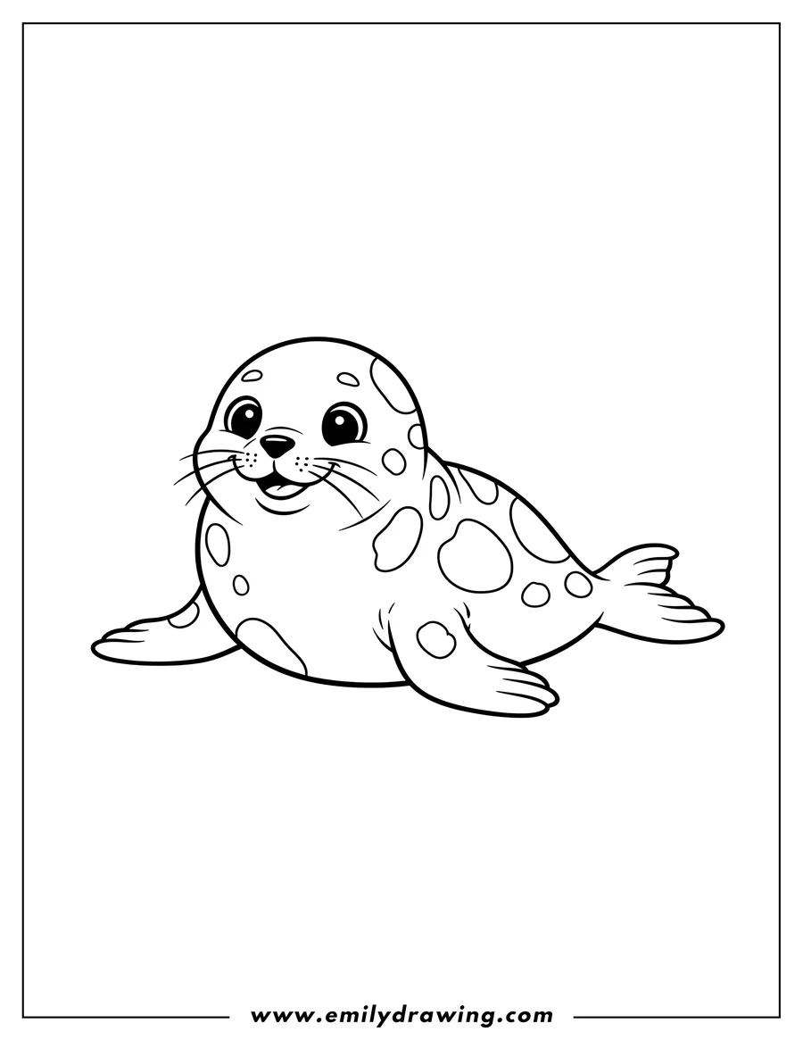 PDF style coloring page: smiling Baby Seal lying down with spots