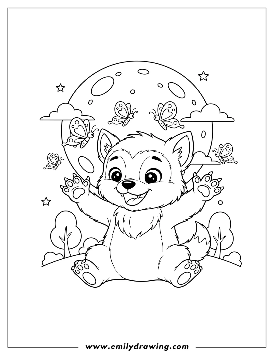 Linear illustration of smiling Baby Werewolf raising a paw Playing With Butterflies On Full Moon Preschoolers
