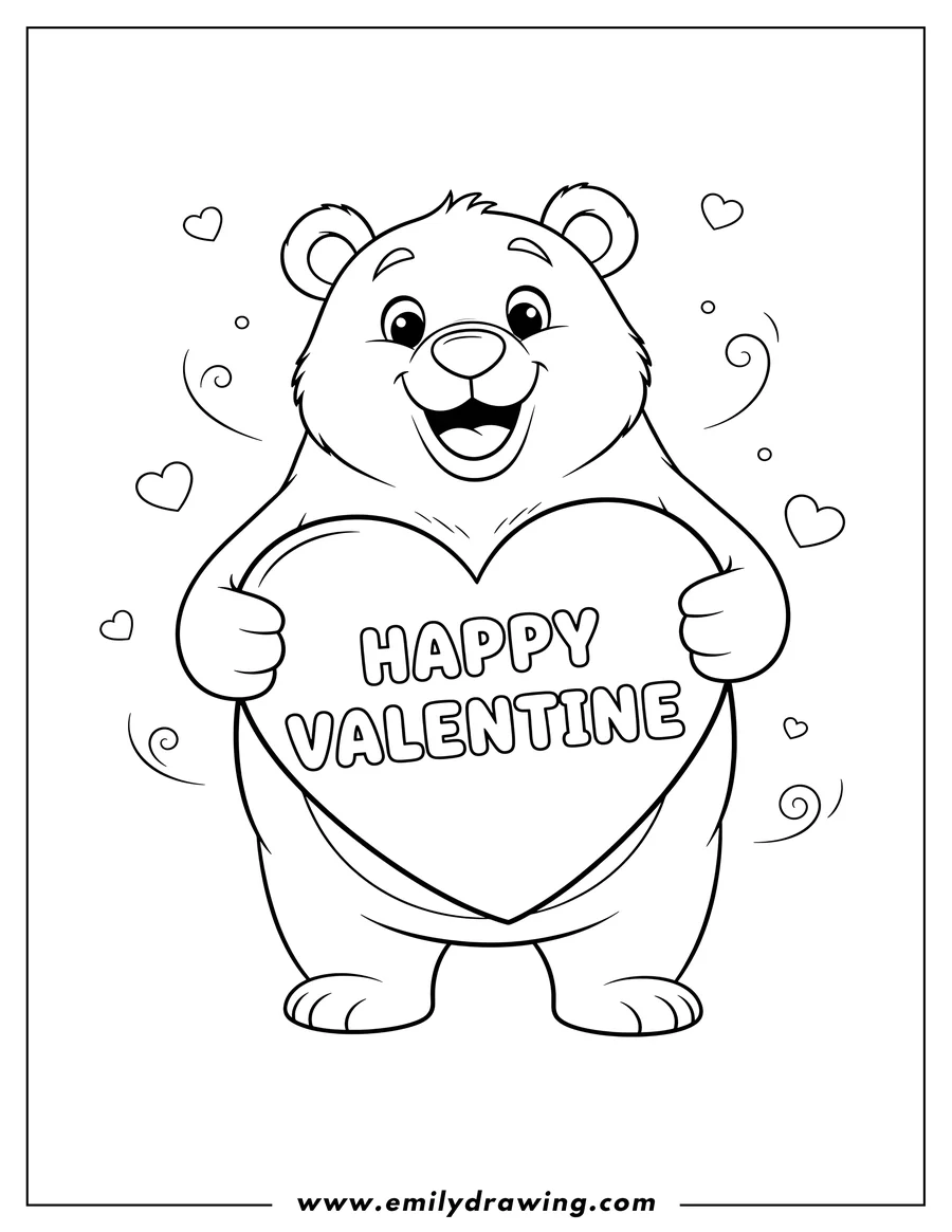 Black and white line art of smiling bear holding a large heart that says 'HAPPY VALENTINE' with both paws