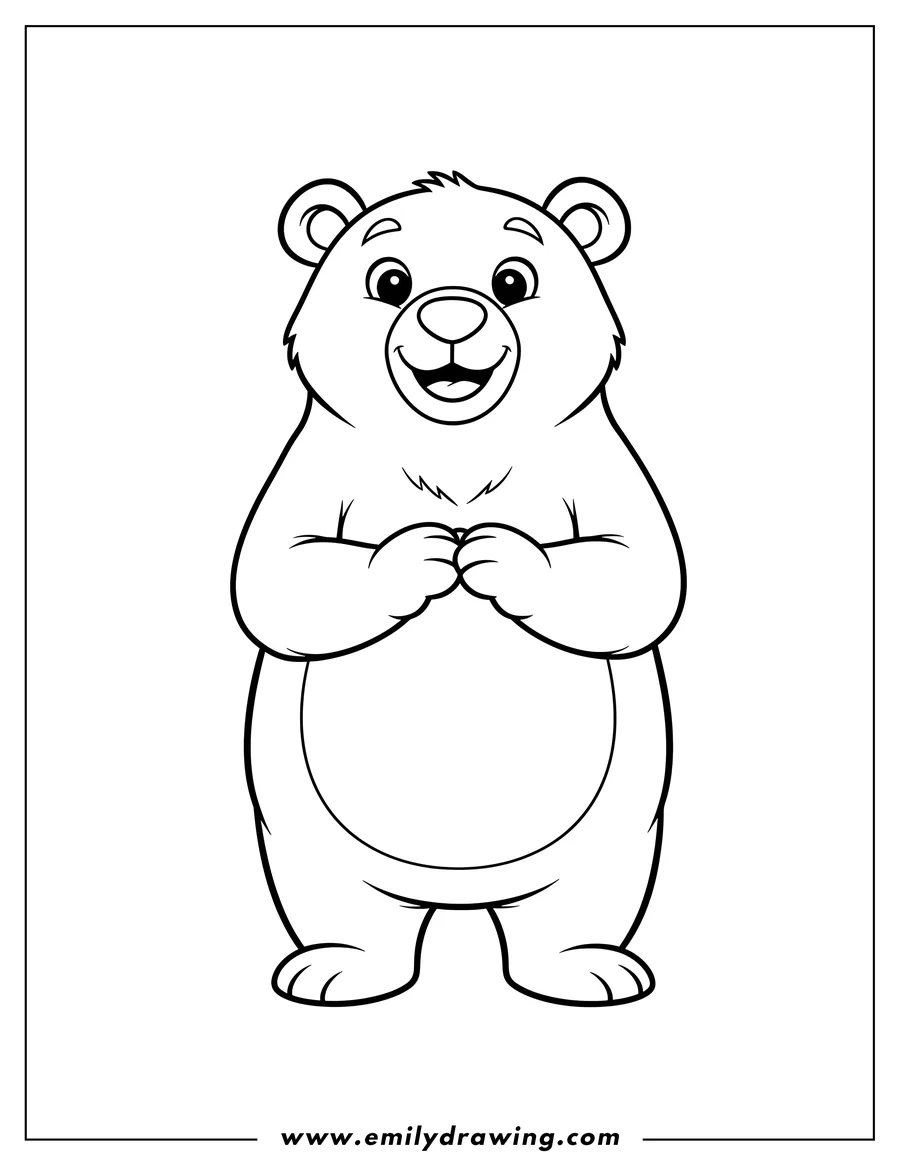 Doodle style coloring picture of smiling bear outline standing with clasped paws
