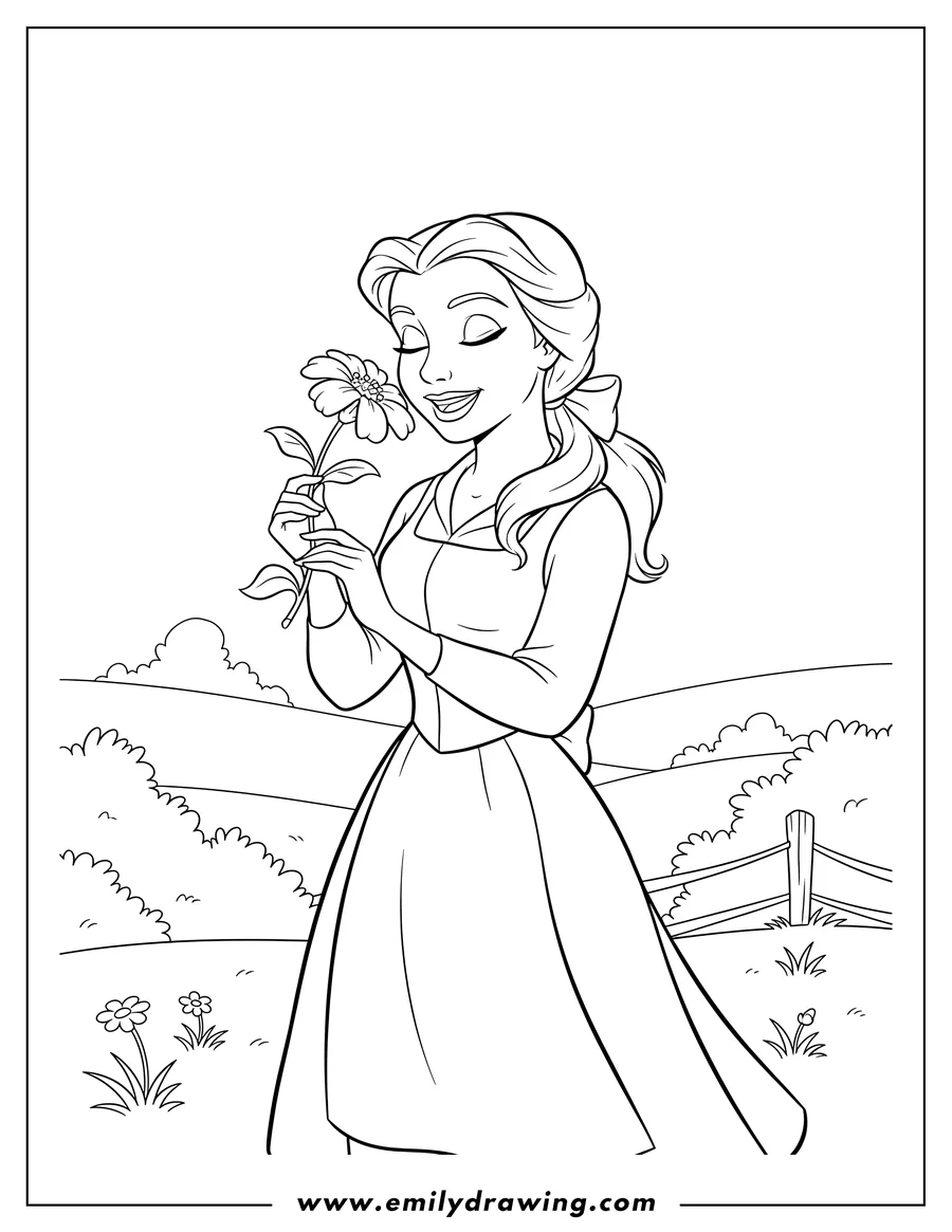 Vector style outline of smiling Belle holding a wild flower and smelling it, wearing her village dress