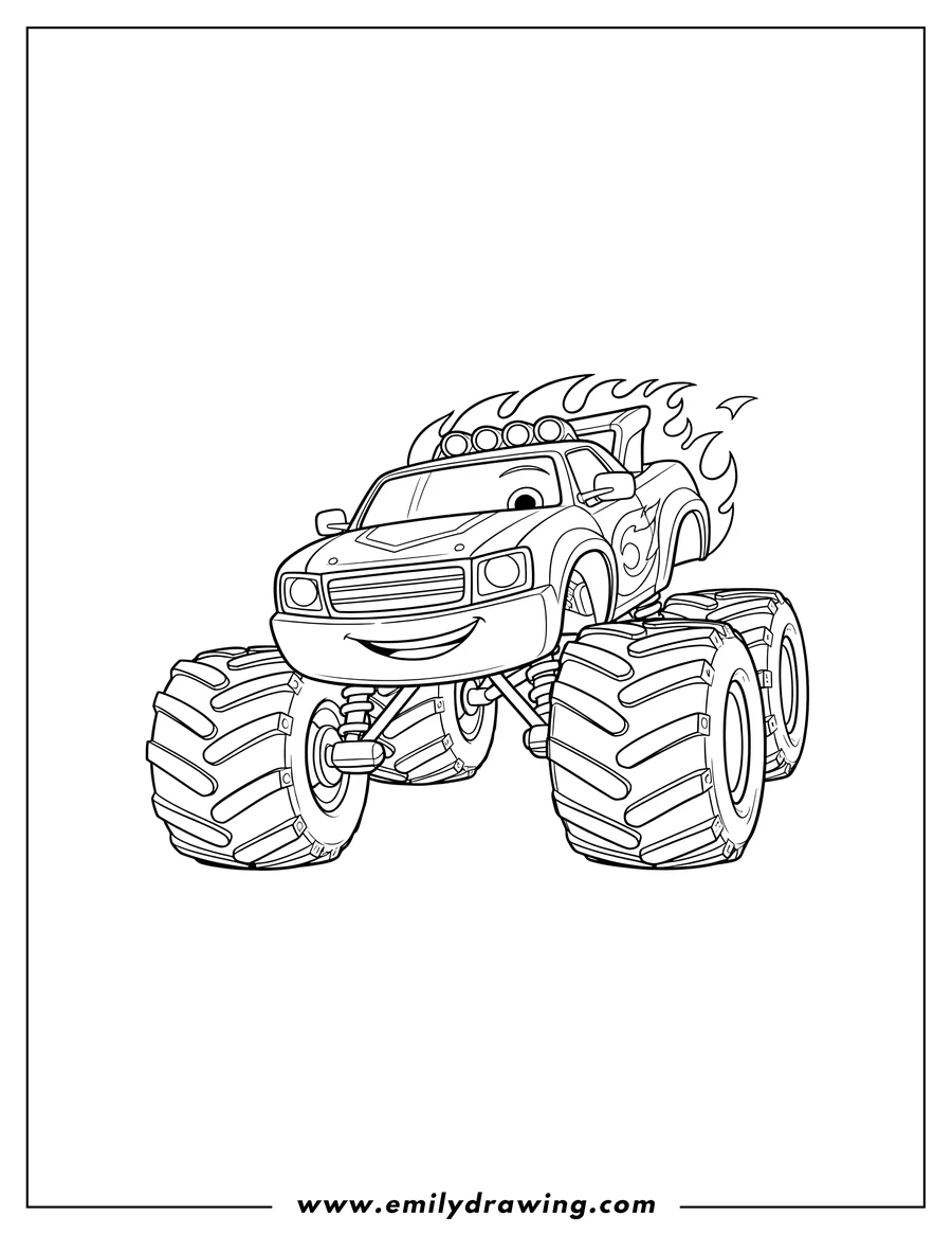 Coloring sheet featuring smiling Blaze Monster Machine with large spiky tires