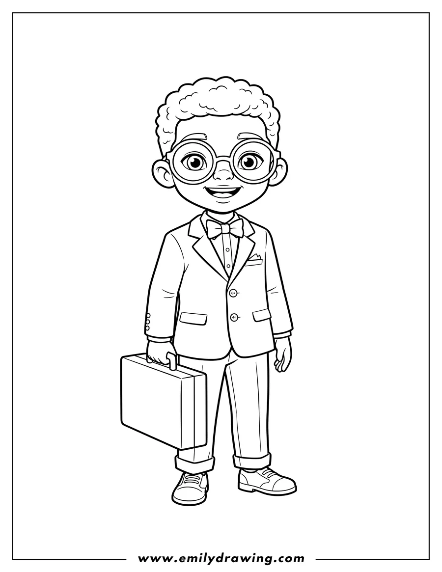 Coloring page for kids: smiling Black boy in a suit, wearing glasses, holding a briefcase