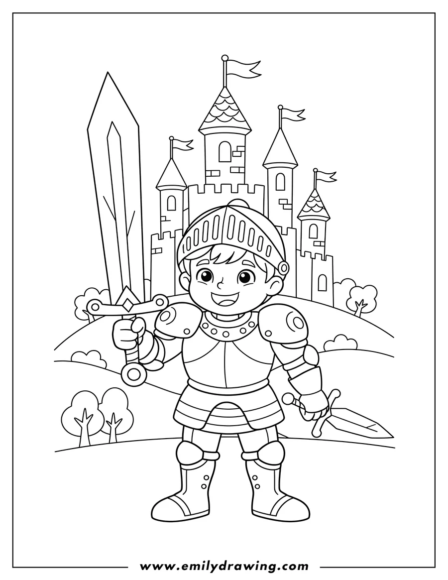 Clean line drawing: smiling Boy Knight Armor holding a sword and a dagger, with Fantasy Castle Background