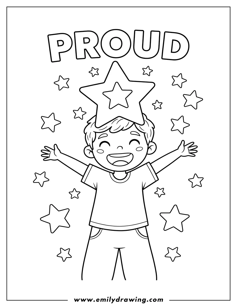 High quality printable smiling boy wearing a star on his head, surrounded by stars, with the word PROUD above him for coloring