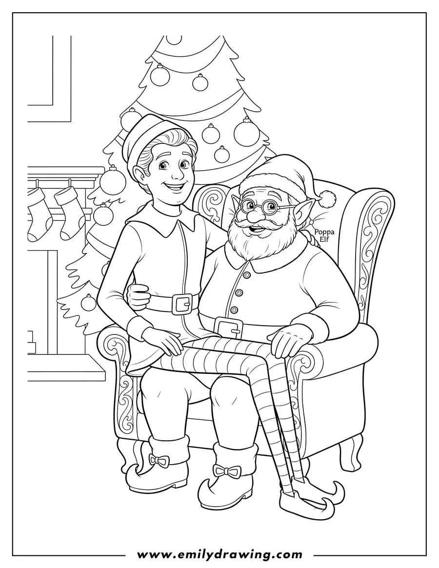 Vector style outline of smiling Buddy Elf with long legs sitting on smiling Poppa Elf's lap