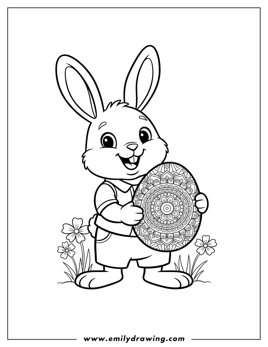 Coloring page for kids: smiling Bunny standing and holding an Easter Egg with Mandala Pattern