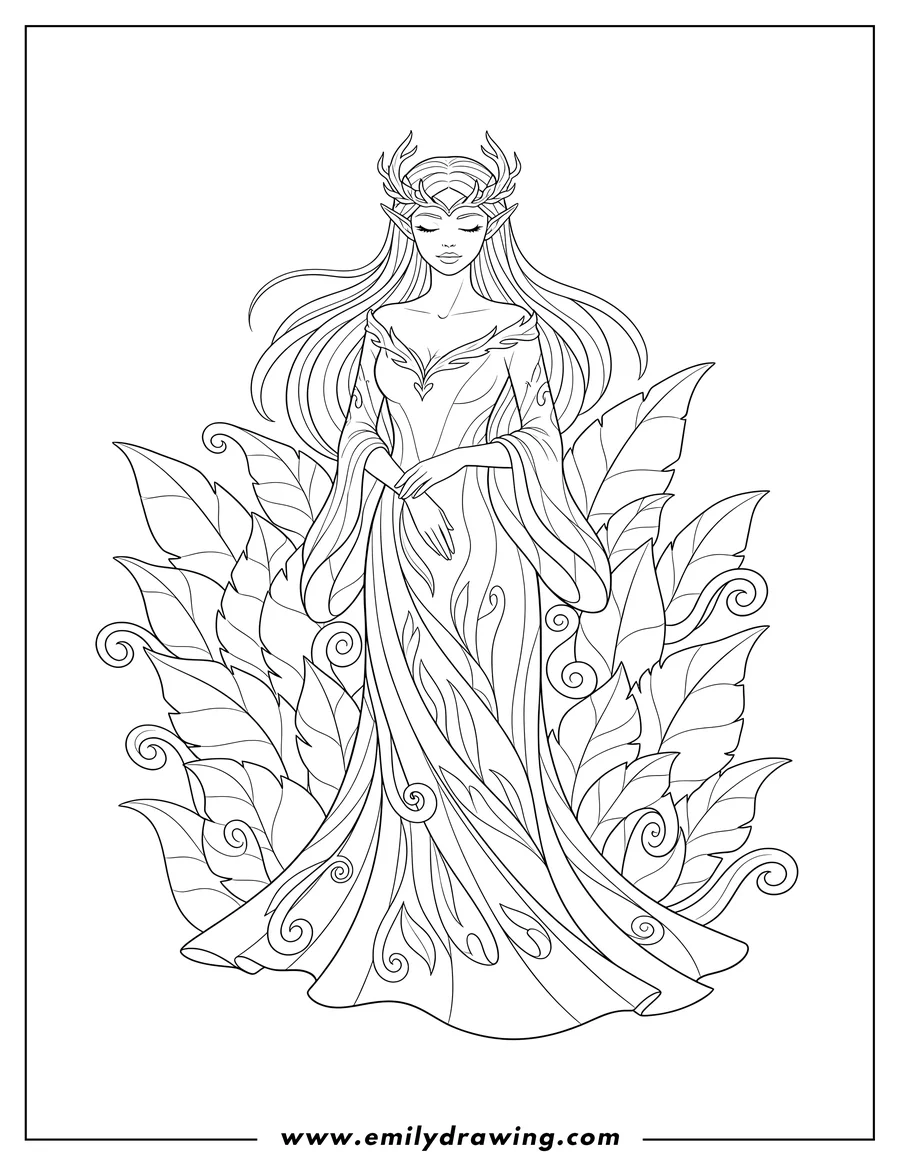 Linear illustration of beautiful Elf Woman in a Dress with Closed Eyes, Wearing a Headband, Surrounded By Leaves