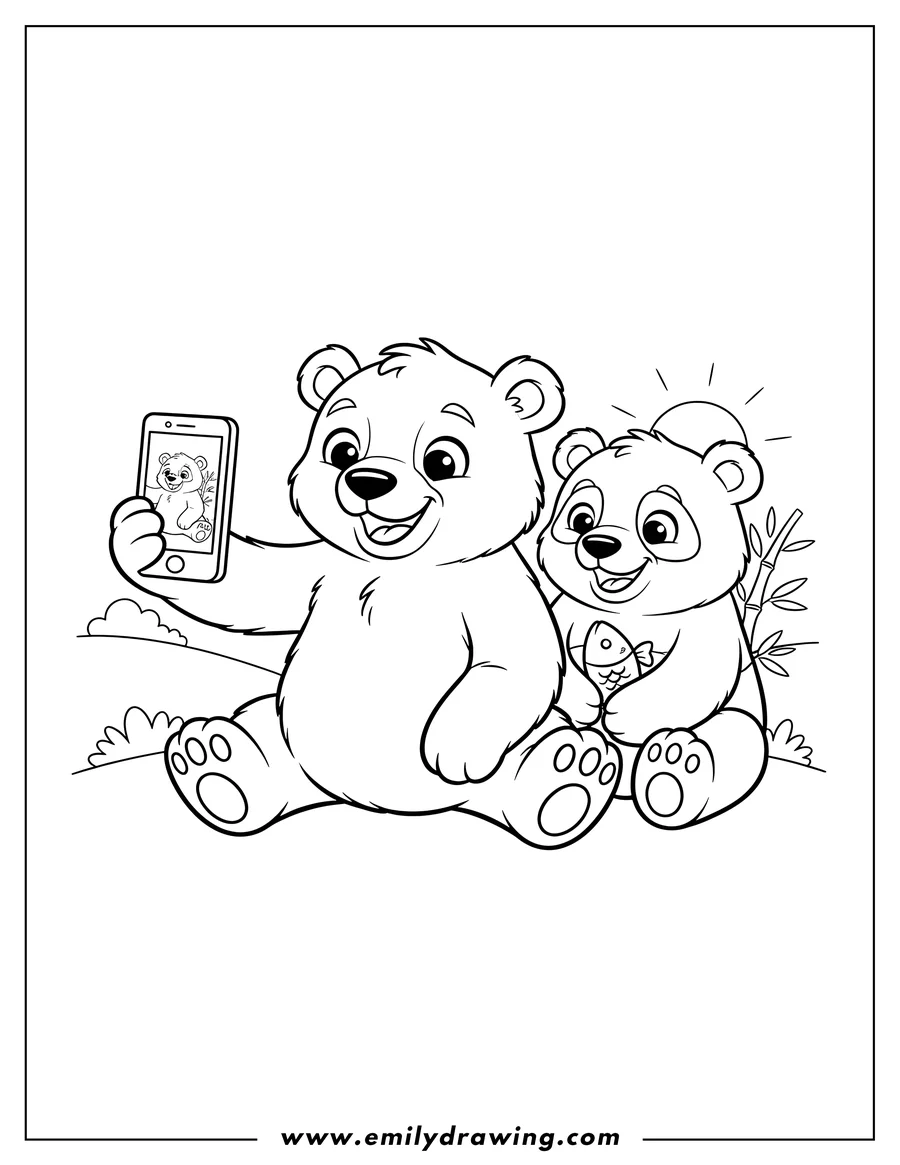 Free printable coloring sheet of smiling cartoon bear sitting and taking a selfie with a sitting panda and polar bear
