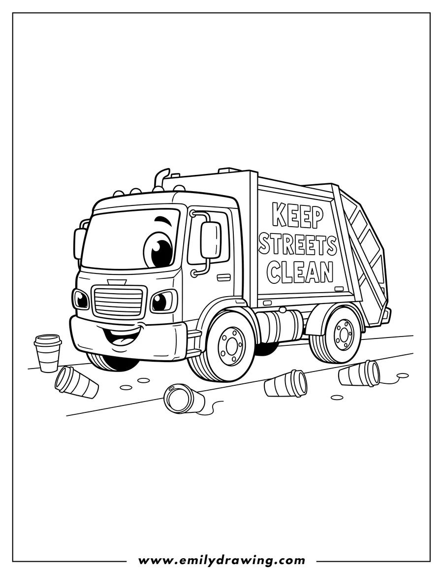 Printable line art of smiling cartoon garbage truck with 'KEEP STREETS CLEAN' text and coffee cups scattered around