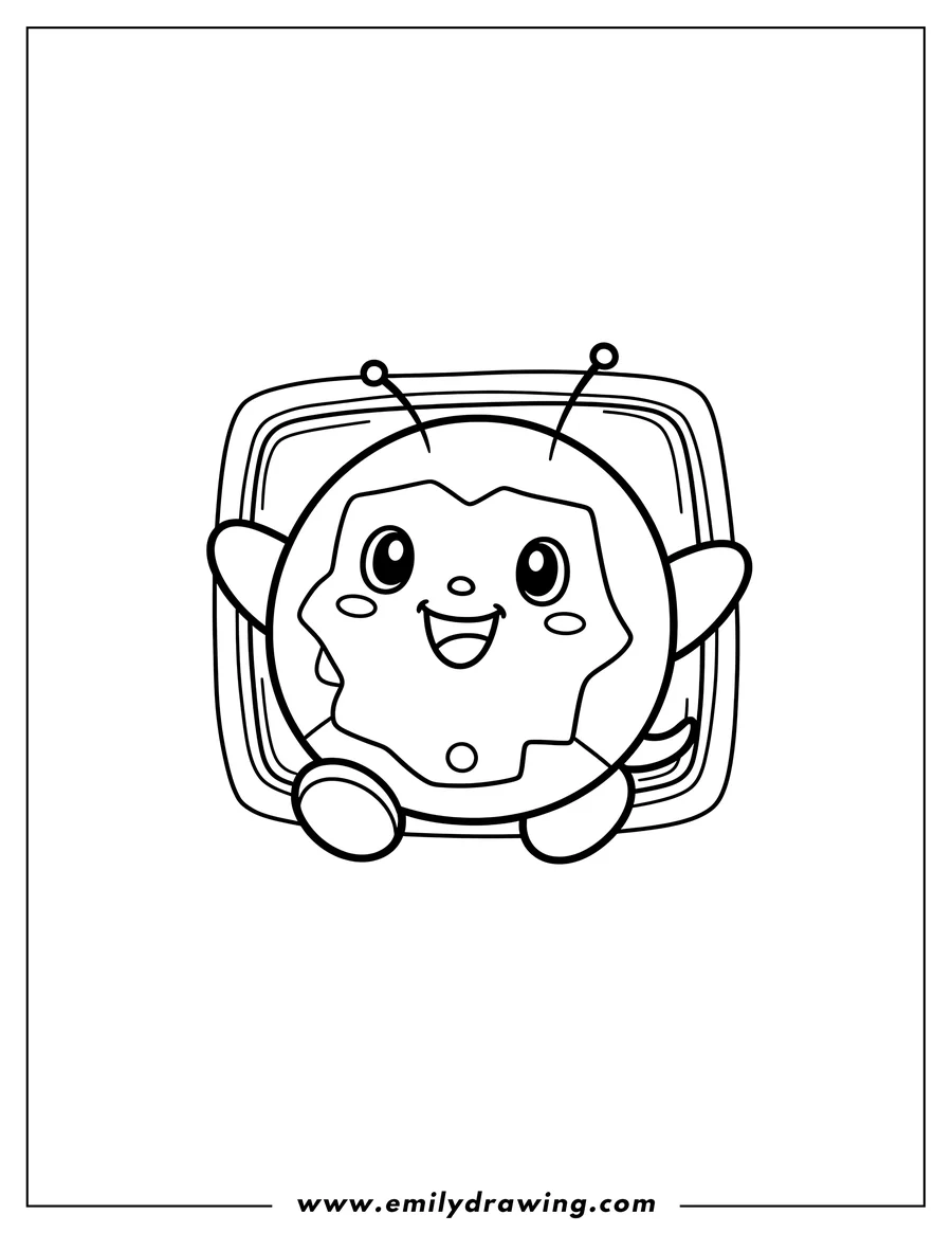 Outline drawing of smiling Cartoon Tamagotchi with arms and feet